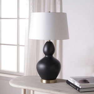 Kamilia Table Lamp Set featuring a matte black ceramic base and white tapered shade.