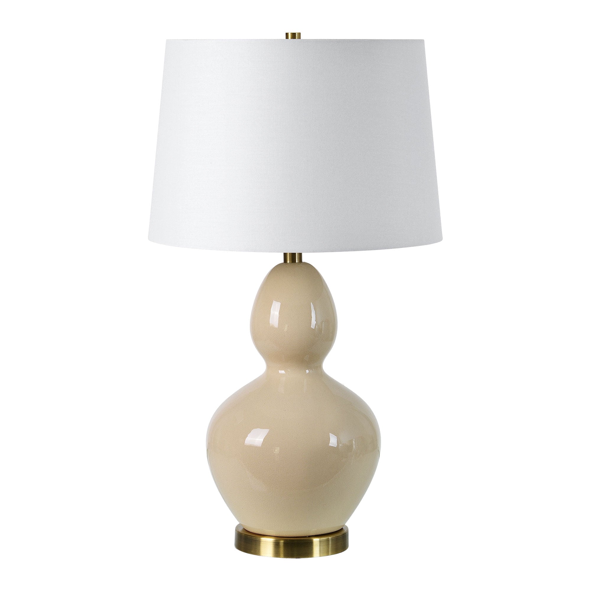 Jesula Table Lamp - beige ceramic base with white shade, featuring a sleek design and brass accents