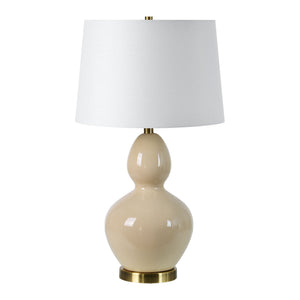 Jesula Table Lamp - beige ceramic base with white shade, featuring a sleek design and brass accents