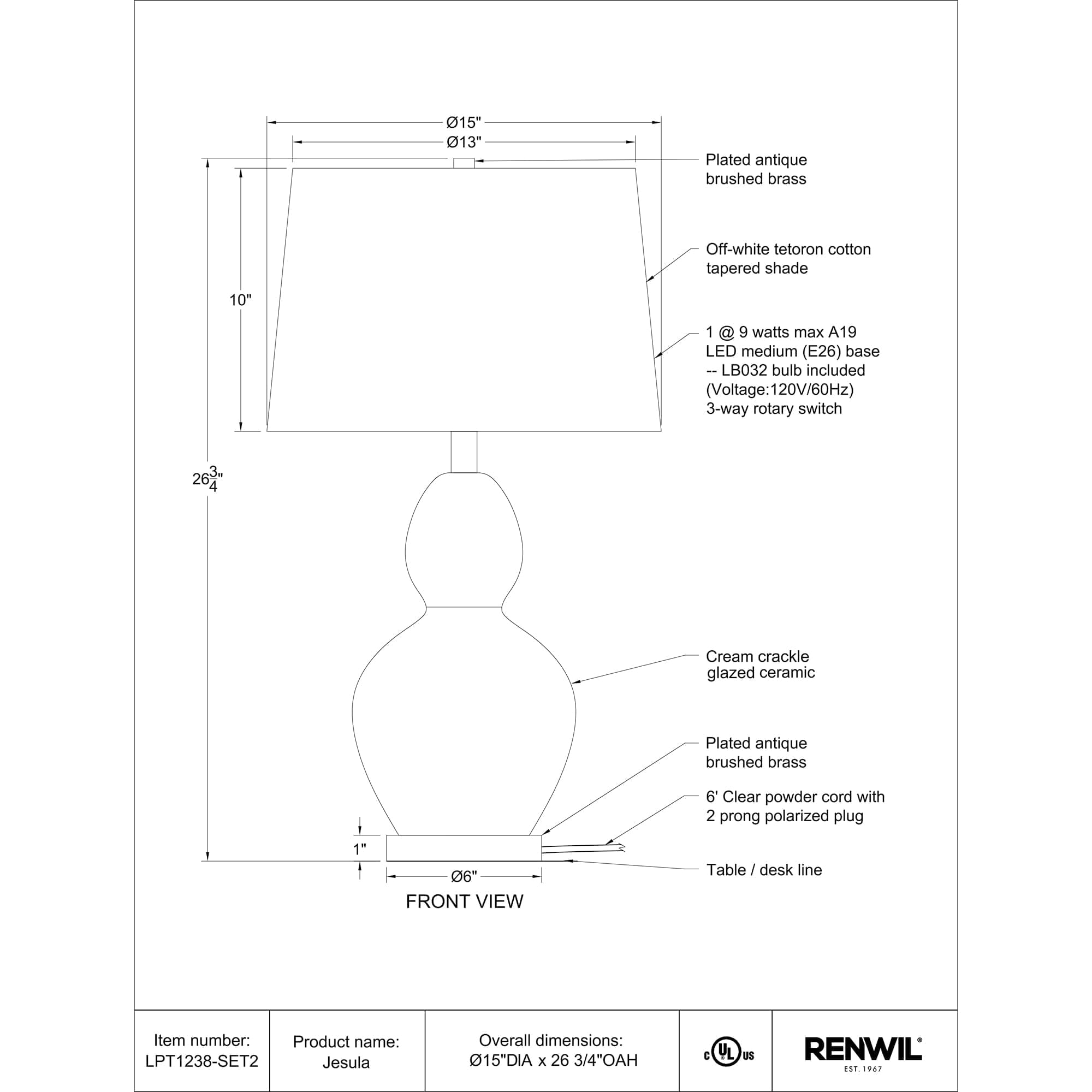 Jesula Table Lamp - technical drawing with dimensions and details of ceramic and brass materials