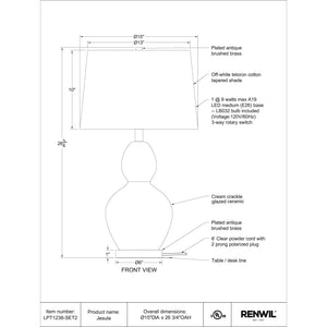 Jesula Table Lamp - technical drawing with dimensions and details of ceramic and brass materials