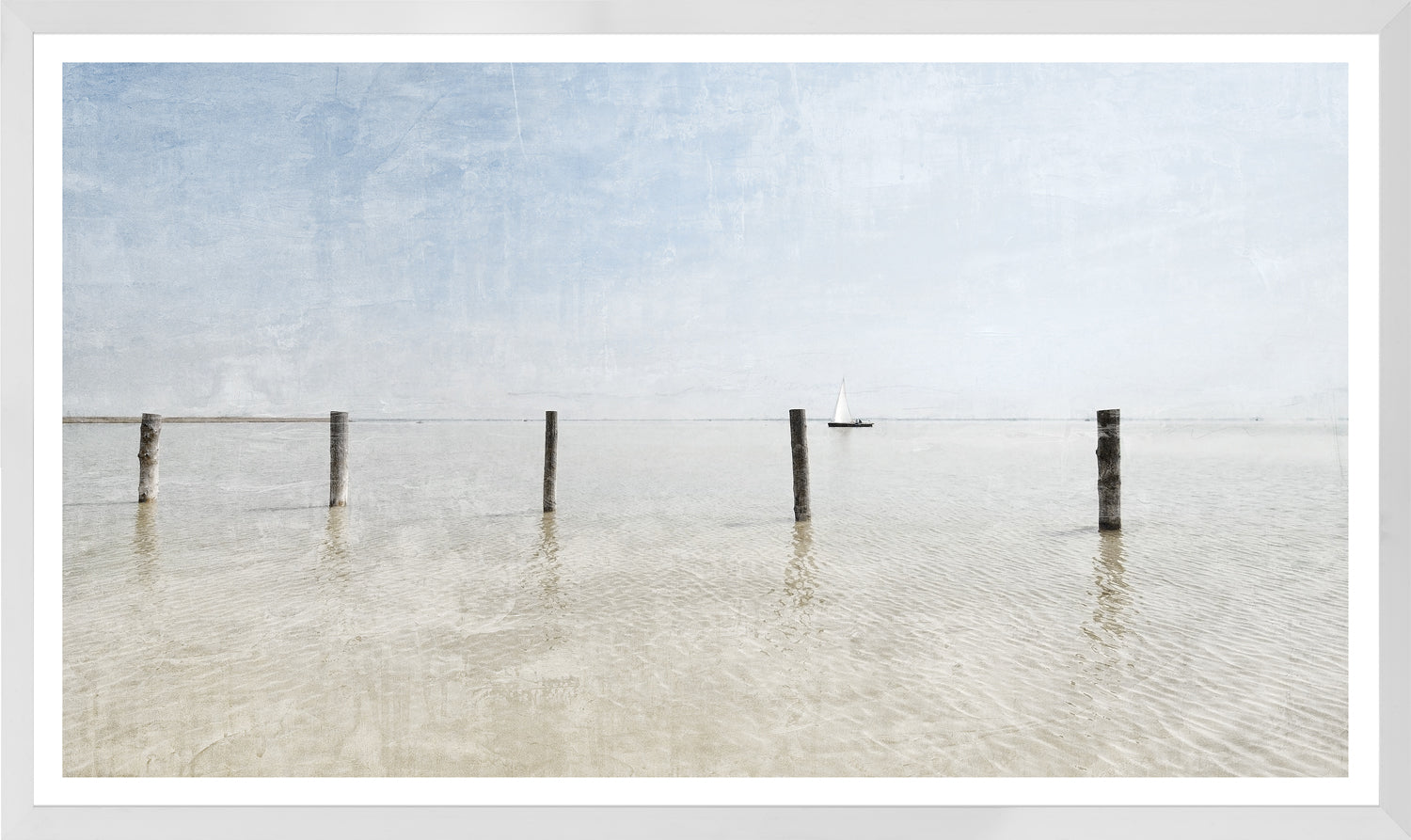 Serene Shallows I wall art featuring a tranquil seascape with wooden posts and a sailboat.
