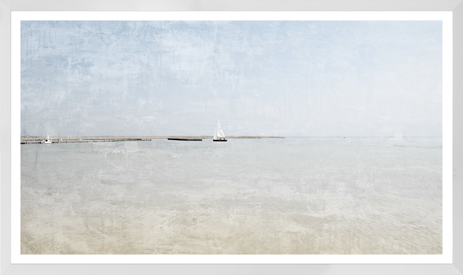 Serene Shallows II wall art featuring a calm seascape with a sailboat and soft blue tones.