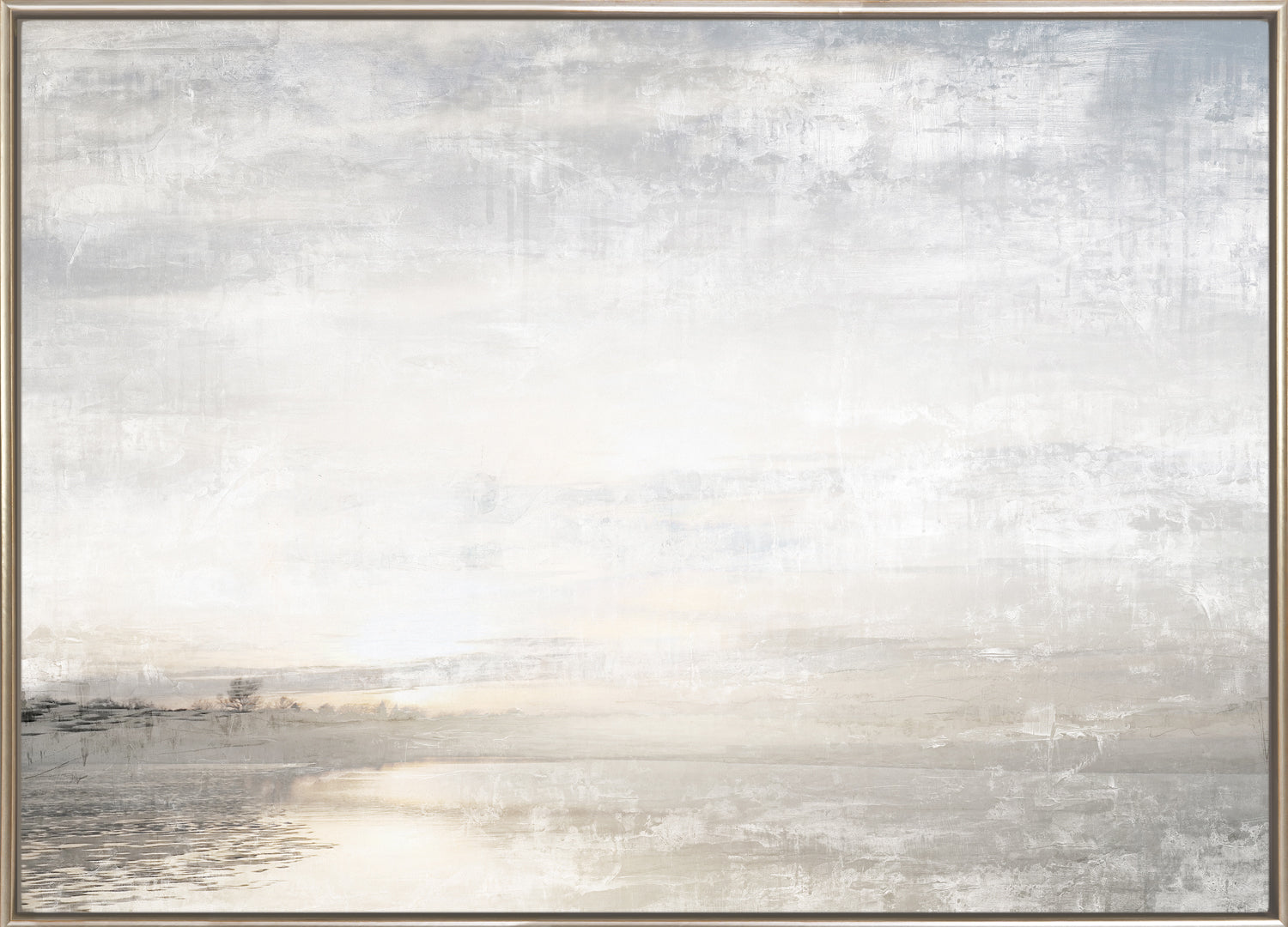 Aurora on the Lake I wall art featuring a serene landscape in soft gray and white tones.