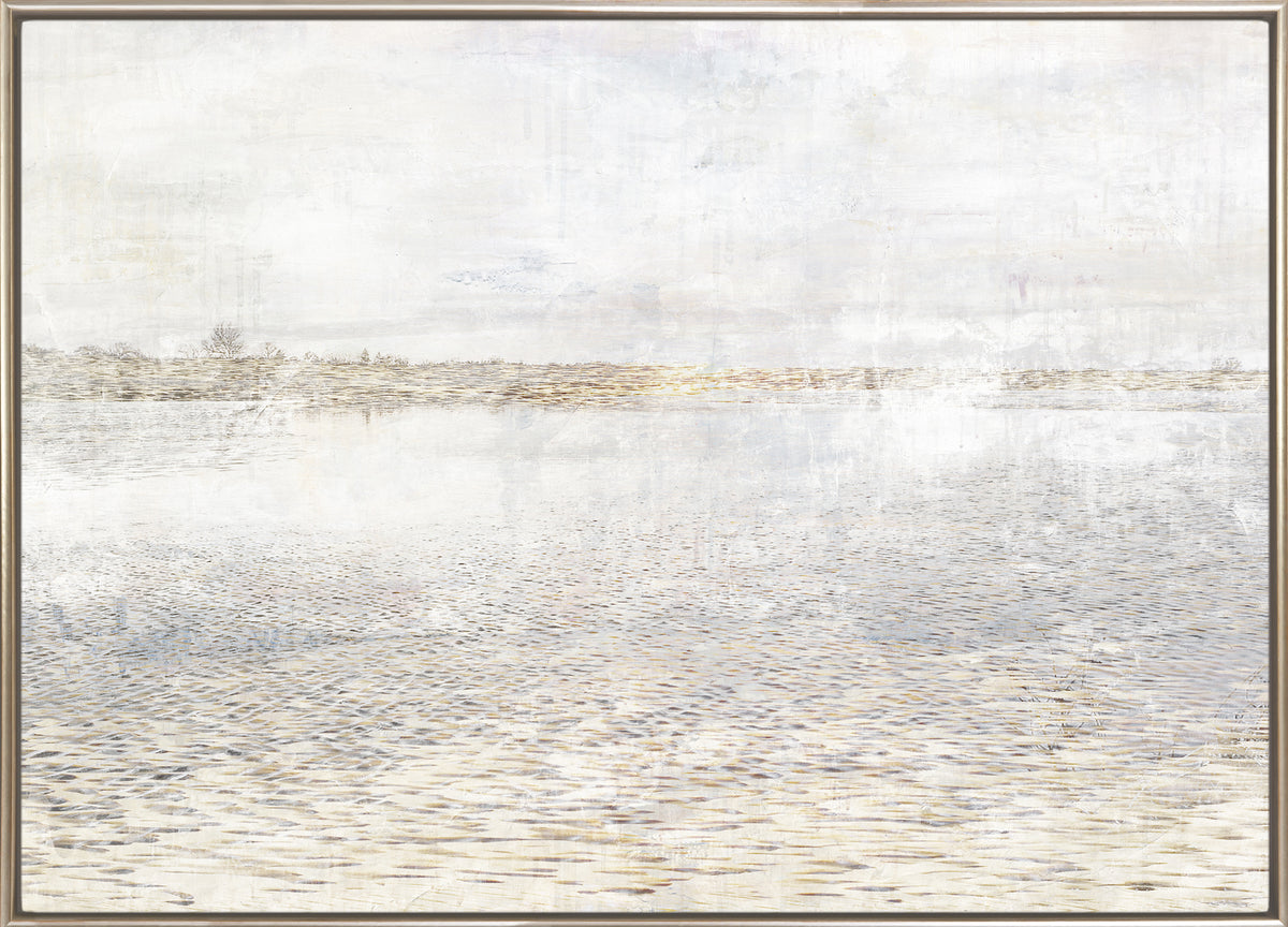 Sunlit Ripples I wall art featuring a serene water landscape in soft neutral tones.