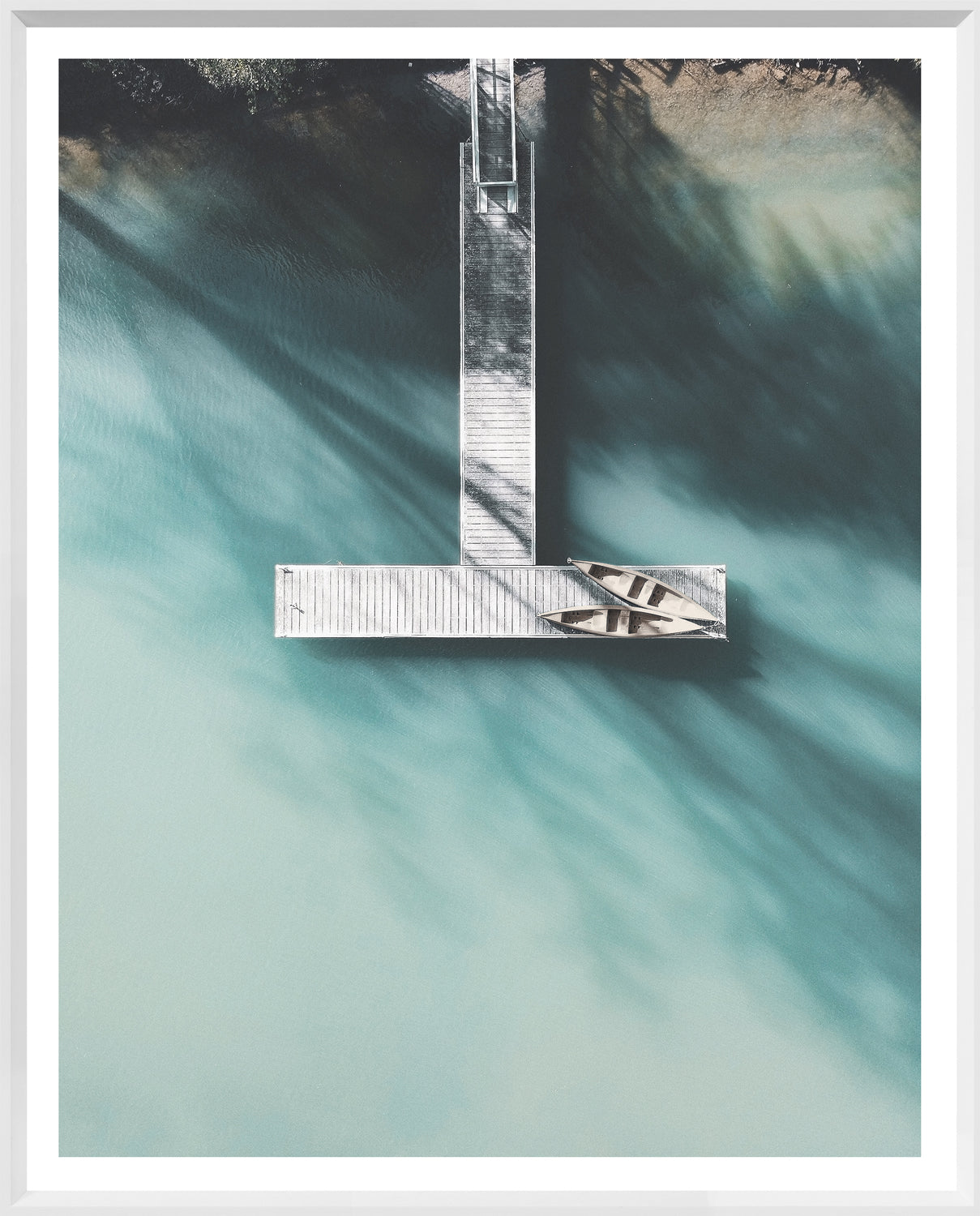 Turquoise Summer wall art featuring a wooden dock and canoes on turquoise water