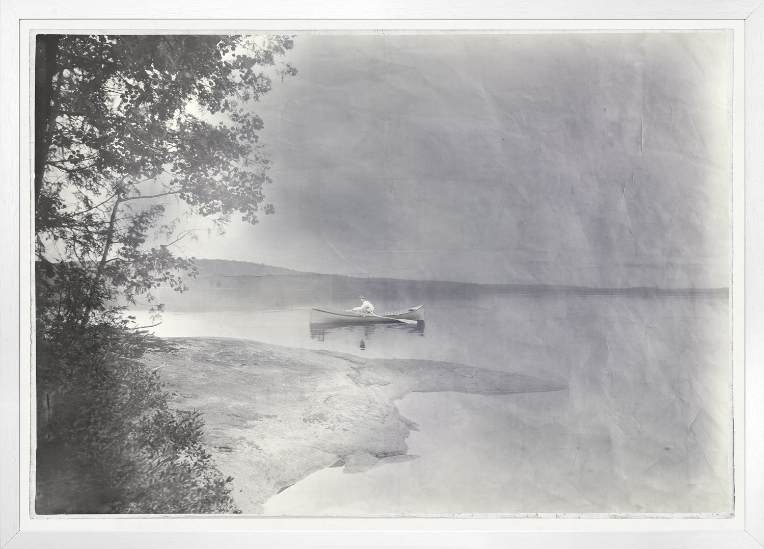 Indigo Stained – On the Calm wall art featuring a serene lake scene with a canoe and trees.