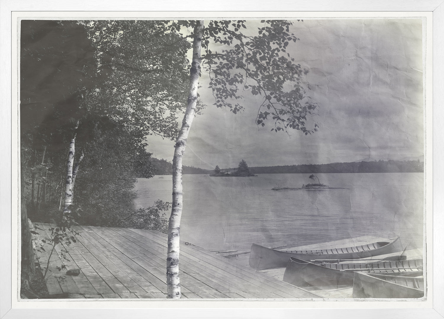 Indigo Stained – Island View wall art featuring a serene lakeside scene with birch trees and canoes.