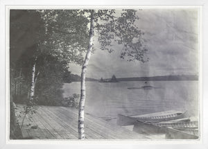 Indigo Stained – Island View wall art featuring a serene lakeside scene with birch trees and canoes.