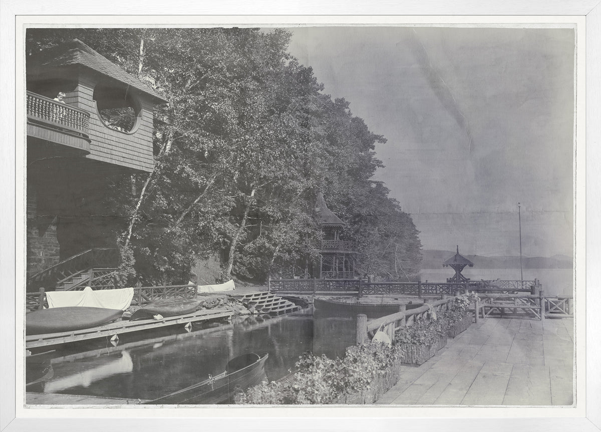 Indigo Stained wall art featuring a serene dock scene with boats and trees.