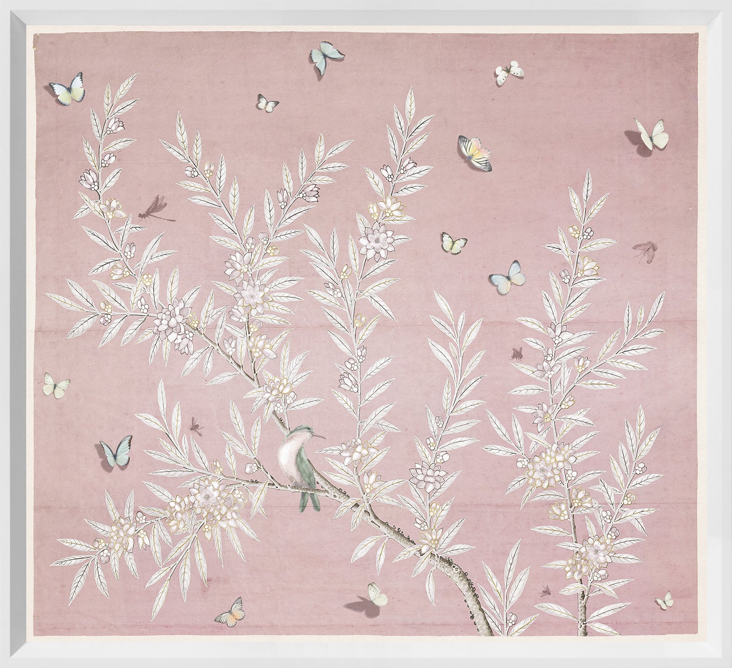Spring Time Chinoiserie I wall art featuring pink background, floral design, and butterflies.