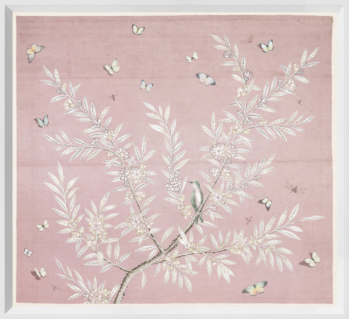 Spring Time Chinoiserie II wall art featuring pink background, white leaves, butterflies, and a bird.