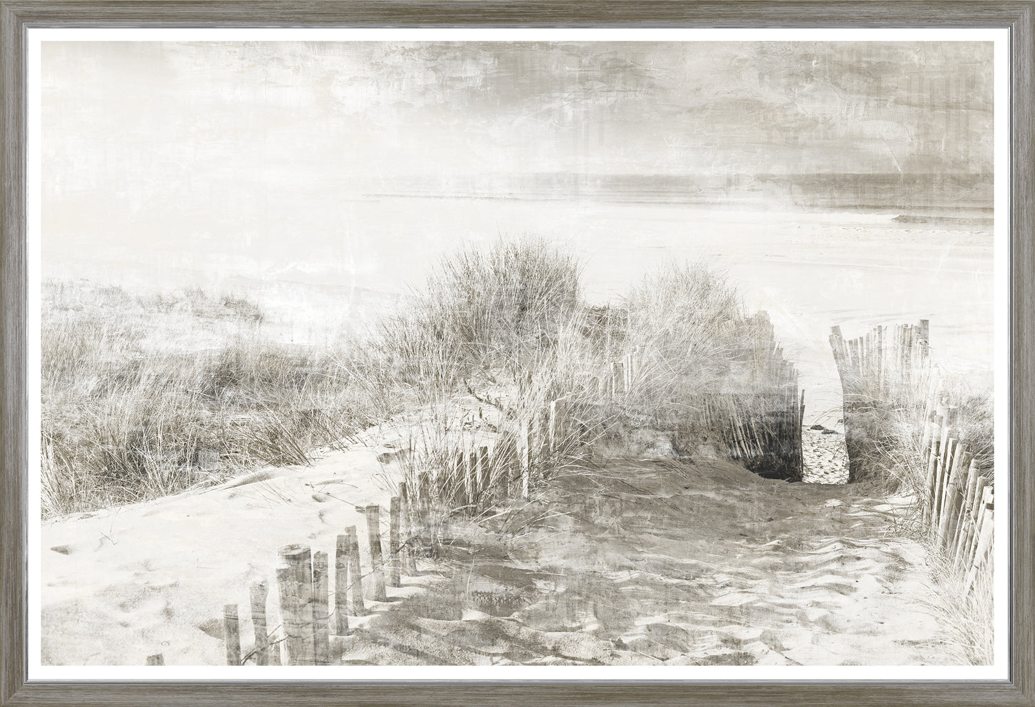 Beach Side Memory wall art featuring a serene beach path in soft sepia tones.