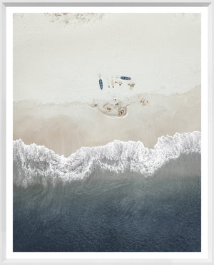 Beach Day wall art featuring an aerial view of a sandy beach and ocean waves.