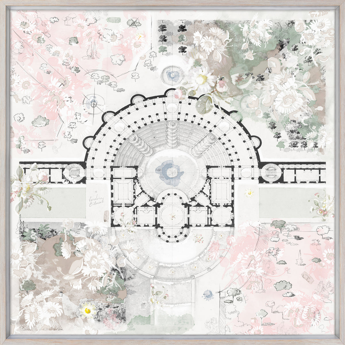 Roman Villa Daisy wall art featuring floral patterns and architectural sketches in soft colors.