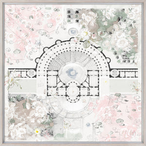 Roman Villa Daisy wall art featuring floral patterns and architectural sketches in soft colors.