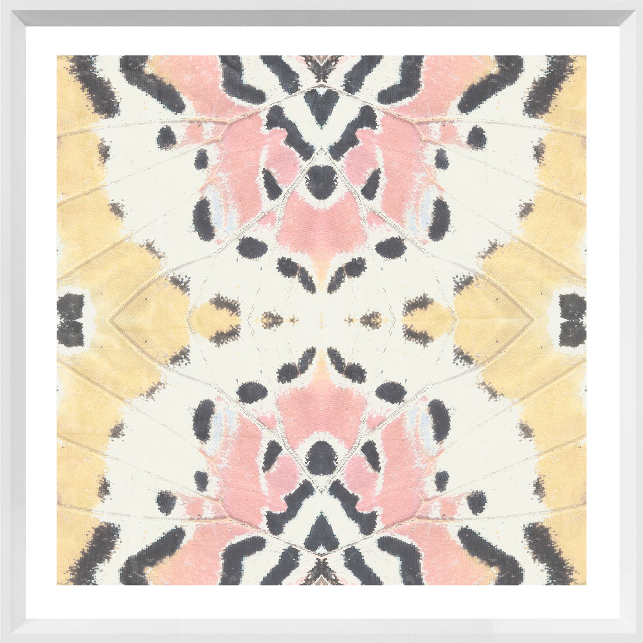 Wing Detail I wall art featuring a symmetrical butterfly wing pattern in soft pink, yellow, and black.