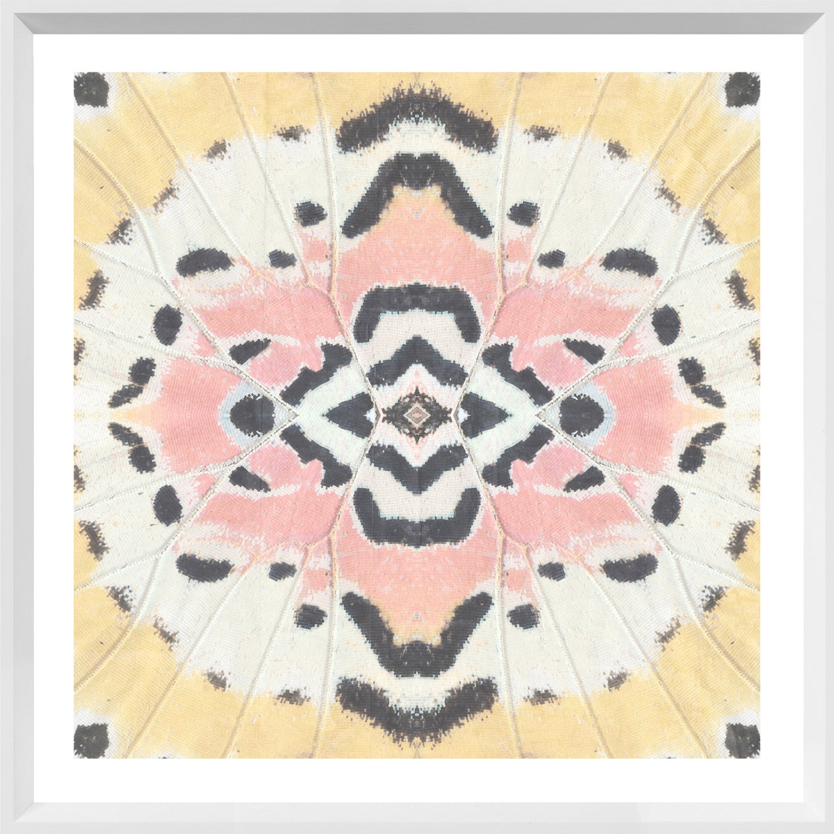 Wing Detail III wall art featuring a butterfly wing pattern in pastel colors, framed in white.