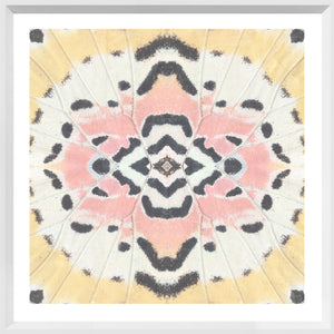 Wing Detail III wall art featuring a butterfly wing pattern in pastel colors, framed in white.