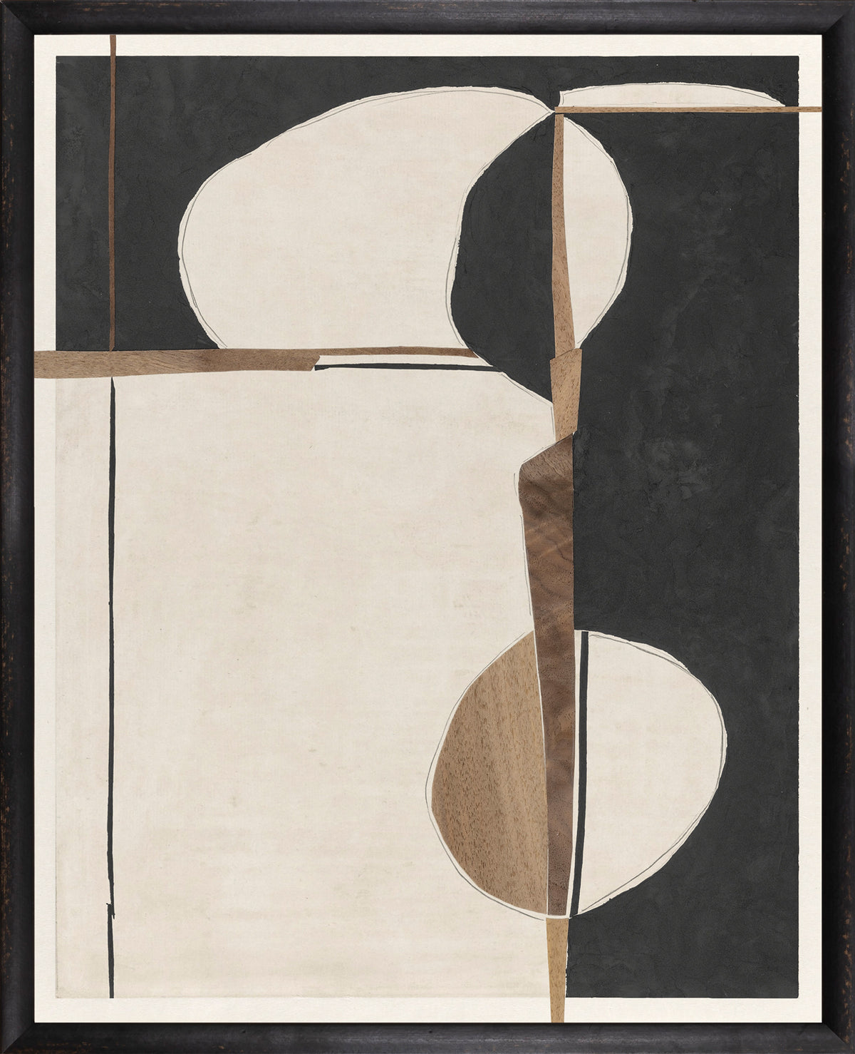 Contempo II wall art featuring abstract shapes in black, cream, and wood tones with a modern design.