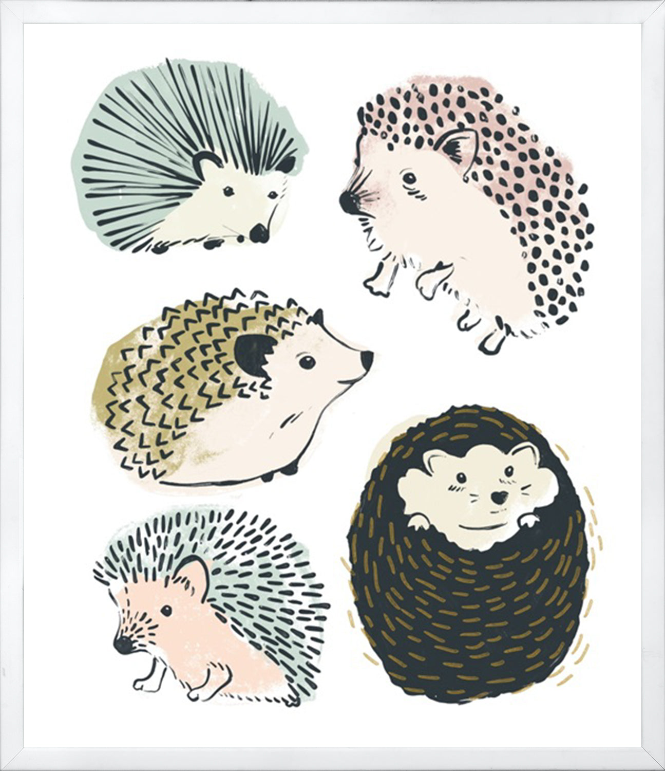 Prickle Pals II wall art featuring five illustrated hedgehogs in various colors and styles.