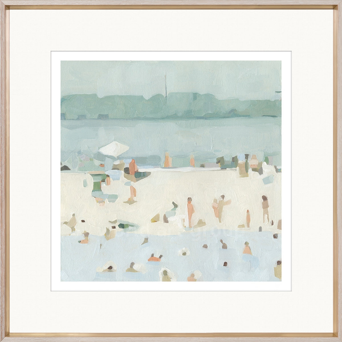 Sea Glass Sandbar I wall art featuring a soft beach scene with abstract figures and muted colors