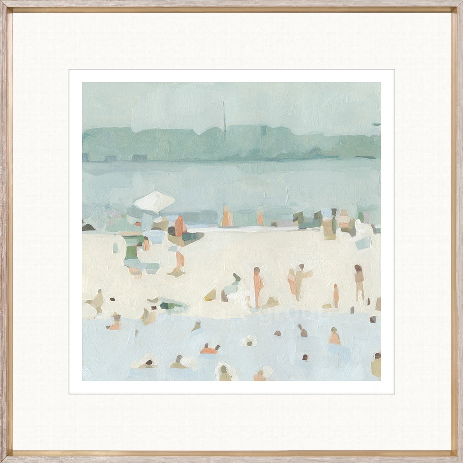 Sea Glass Sandbar I wall art featuring a soft beach scene with abstract figures and muted colors