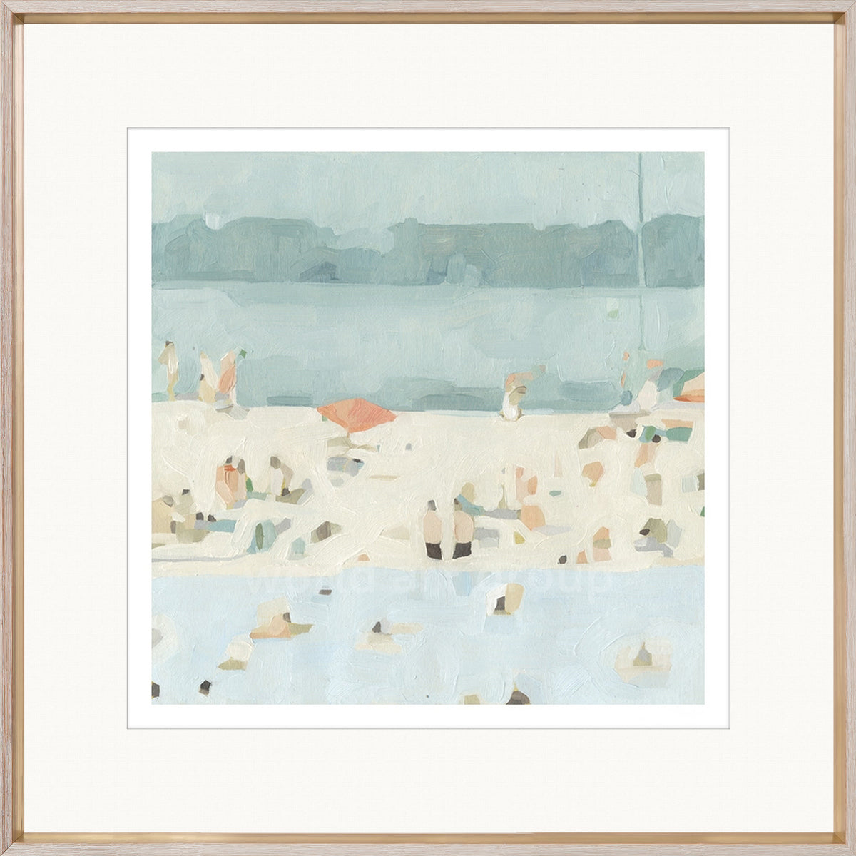 Sea Glass Sandbar II wall art featuring a beach scene with soft blue and beige tones, framed in light wood.
