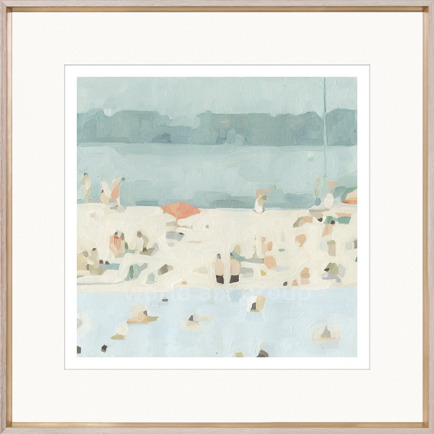 Sea Glass Sandbar II wall art featuring a beach scene with soft blue and beige tones, framed in light wood.
