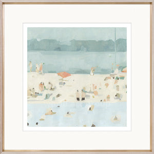 Sea Glass Sandbar II wall art featuring a beach scene with soft blue and beige tones, framed in light wood.