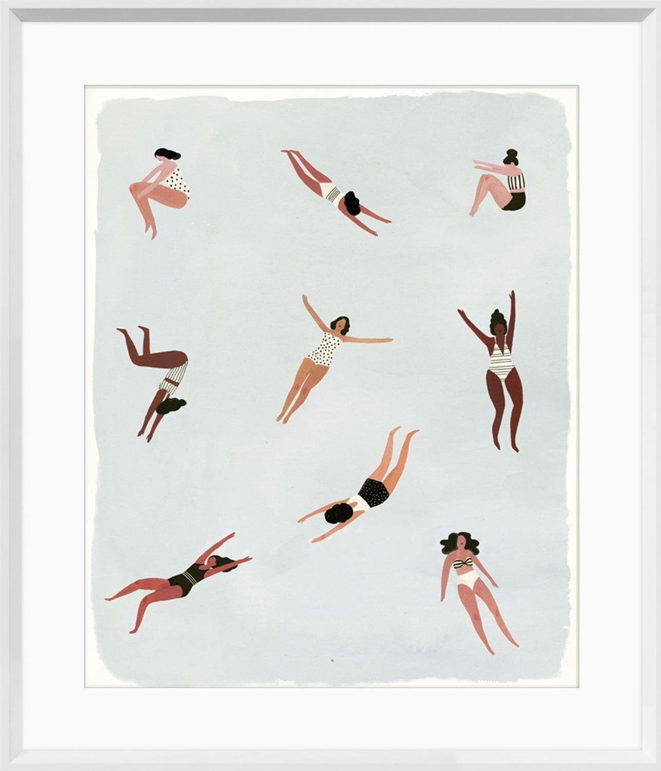Minnows I wall art featuring women in swimsuits against a light blue background.