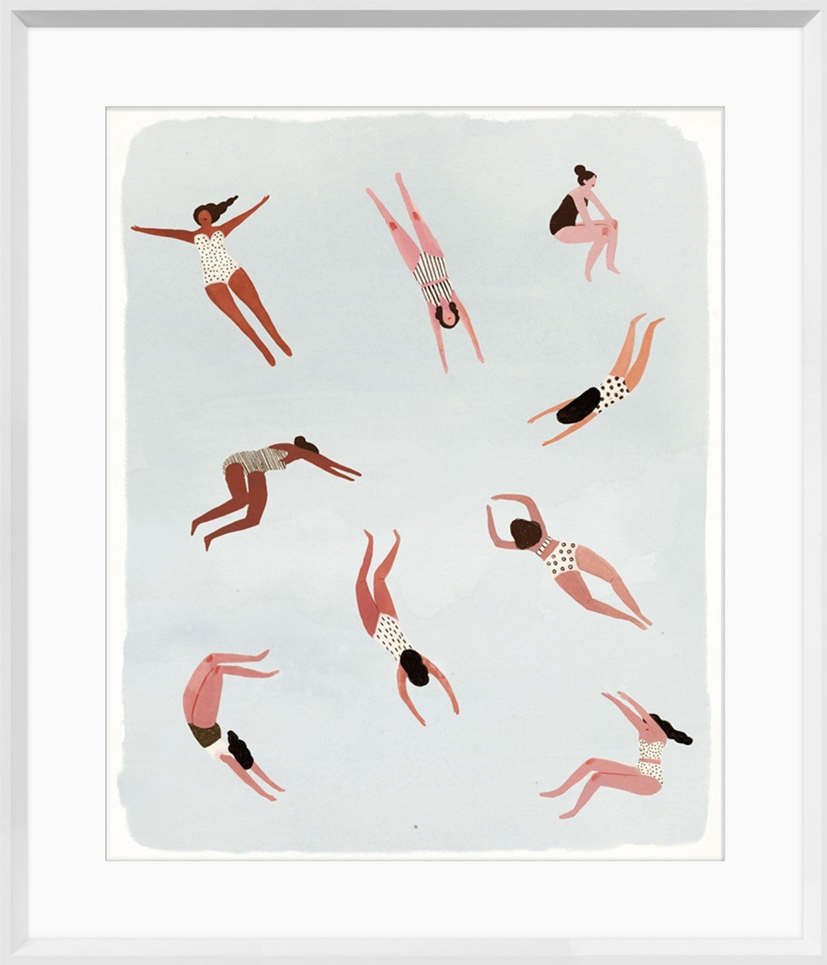 Minnows II wall art featuring women in swimsuits diving and swimming against a light blue background.