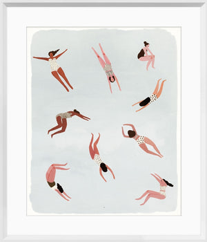 Minnows II wall art featuring women in swimsuits diving and swimming against a light blue background.