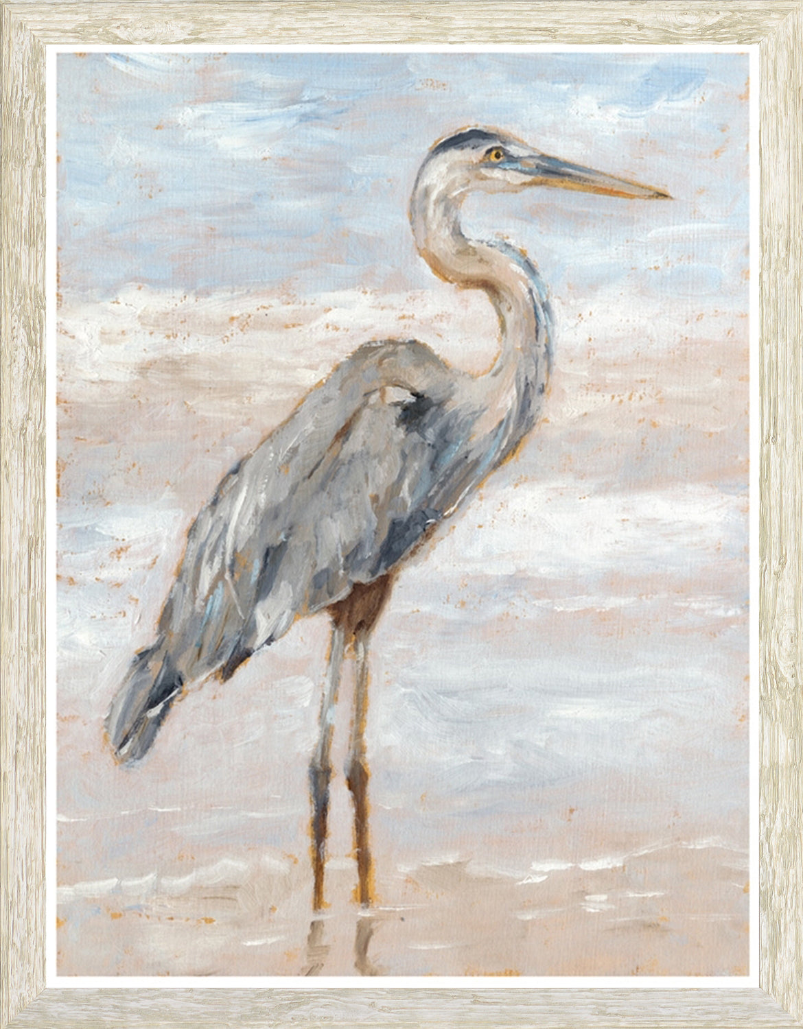 Beach Heron I wall art featuring a gray heron against a soft blue and beige background
