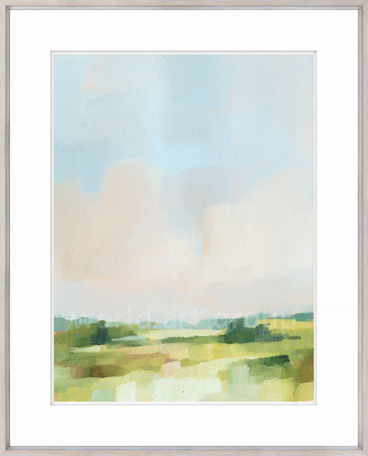 Spring Skies II wall art featuring soft blue and pastel hues in an abstract landscape design.