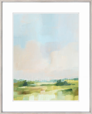 Spring Skies II wall art featuring soft blue and pastel hues in an abstract landscape design.