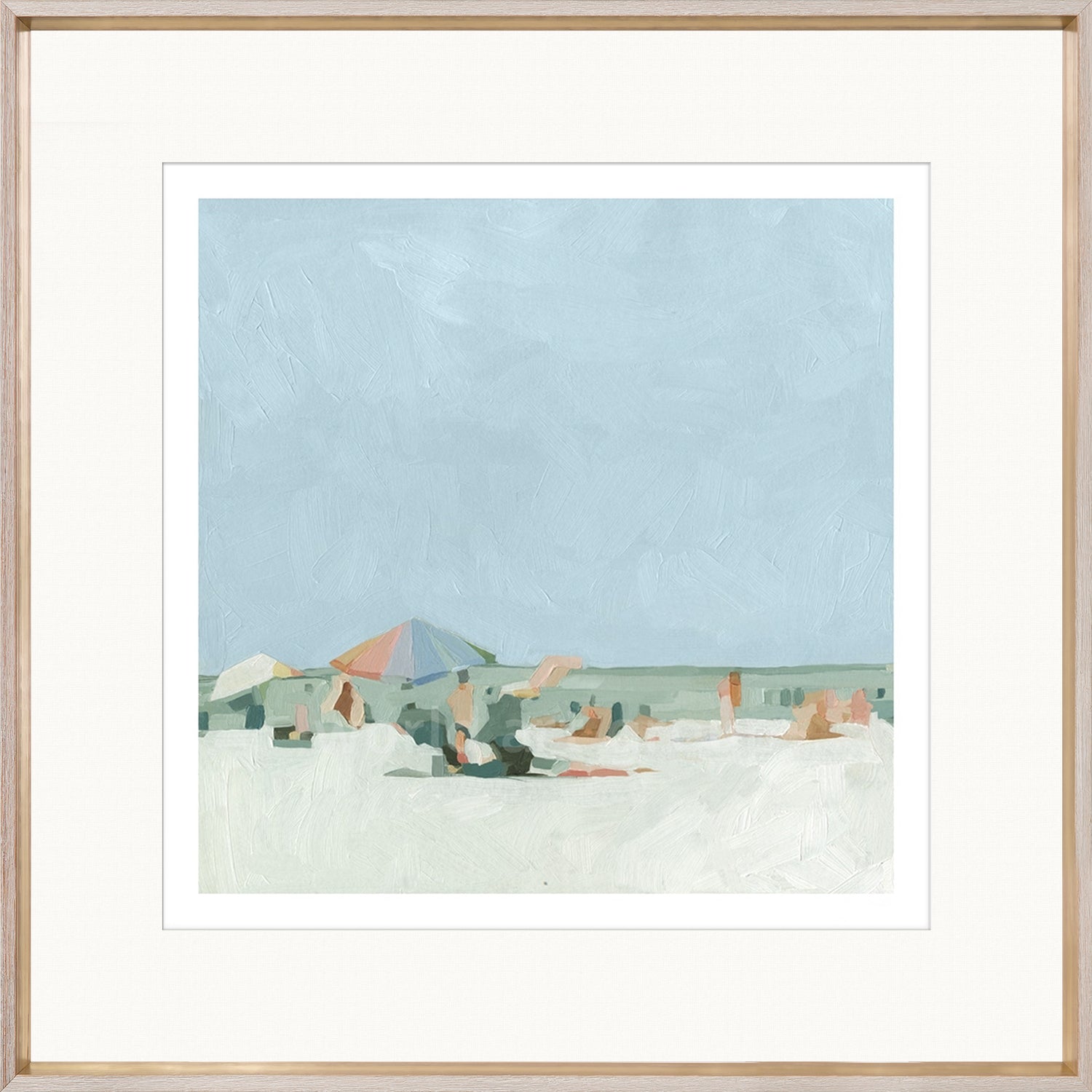 Summer Palette I wall art featuring a beach scene with umbrellas and people, soft pastel colors.