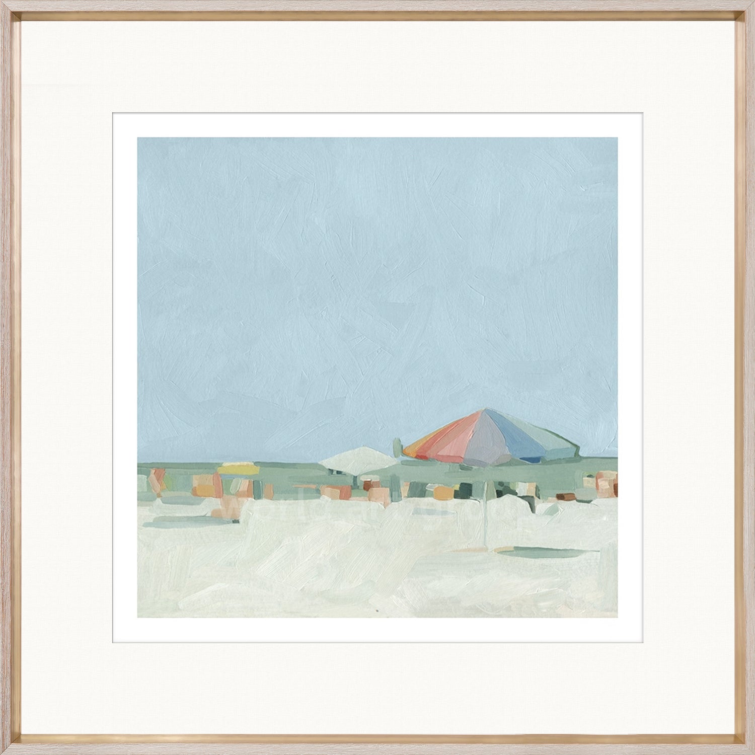 Summer Palette II wall art featuring a beach scene with colorful umbrellas and a blue sky.