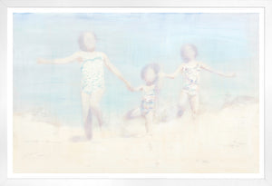 Memories of Summer wall art featuring three children playing on the beach, soft pastel colors.
