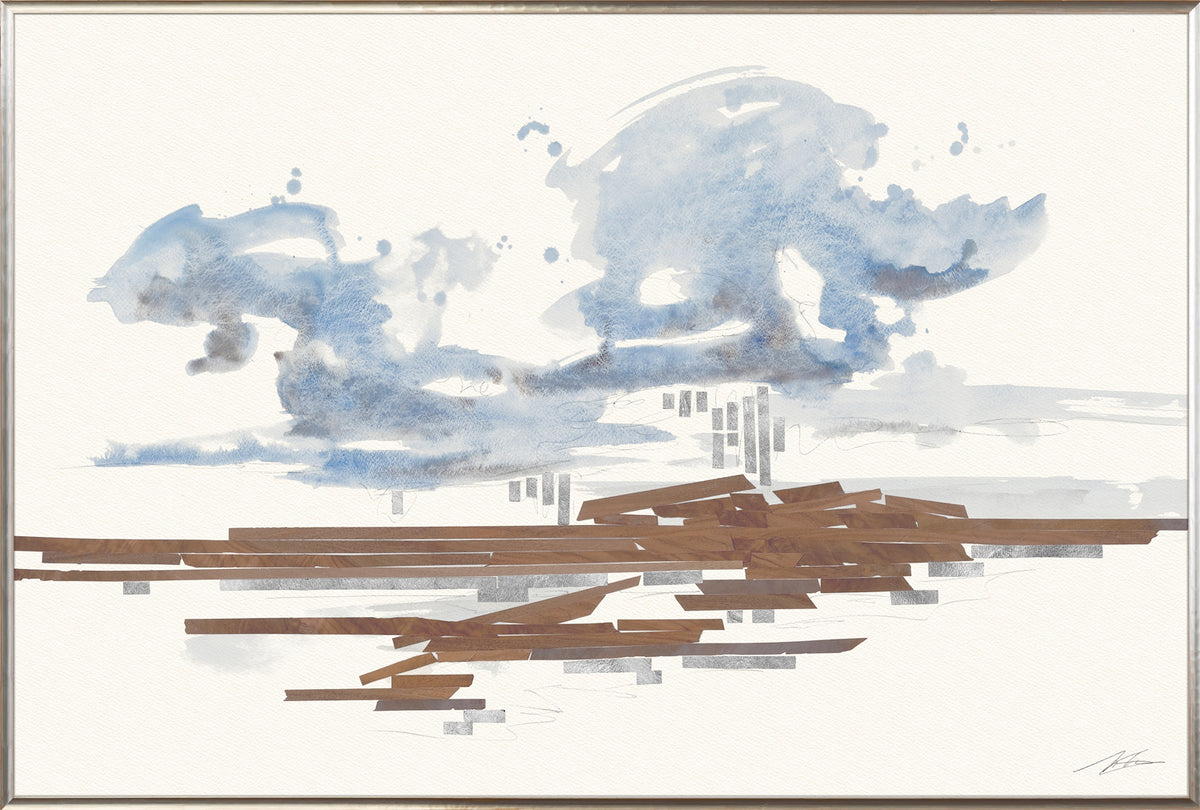 Floodplain I wall art featuring abstract blue and brown watercolor design on textured paper