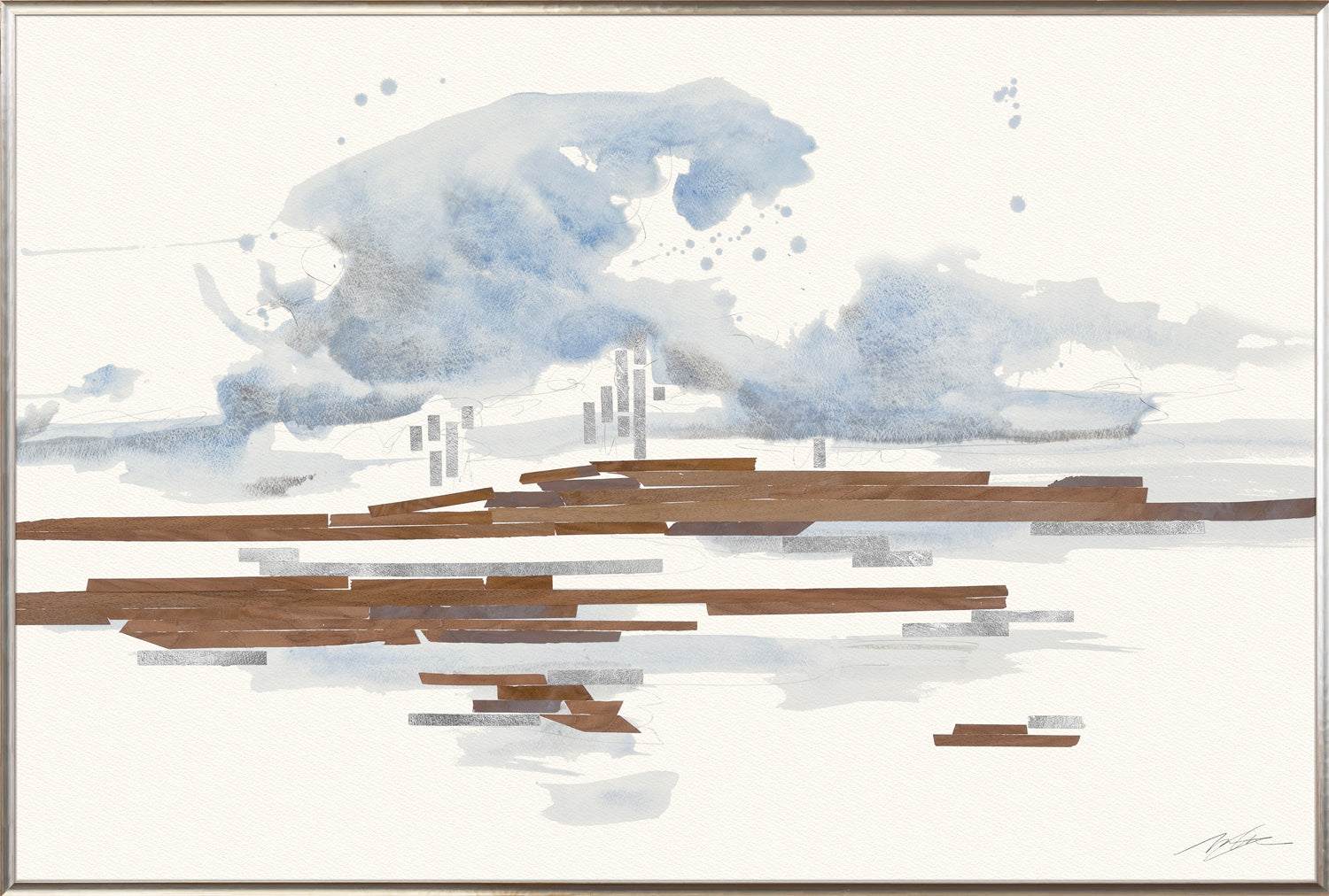 Floodplain II wall art featuring abstract watercolor design in blue and brown tones