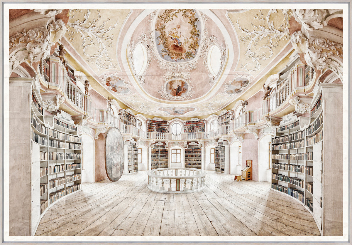 Abbey Saint Mang wall art depicting an ornate library interior with bookshelves and a painted ceiling.
