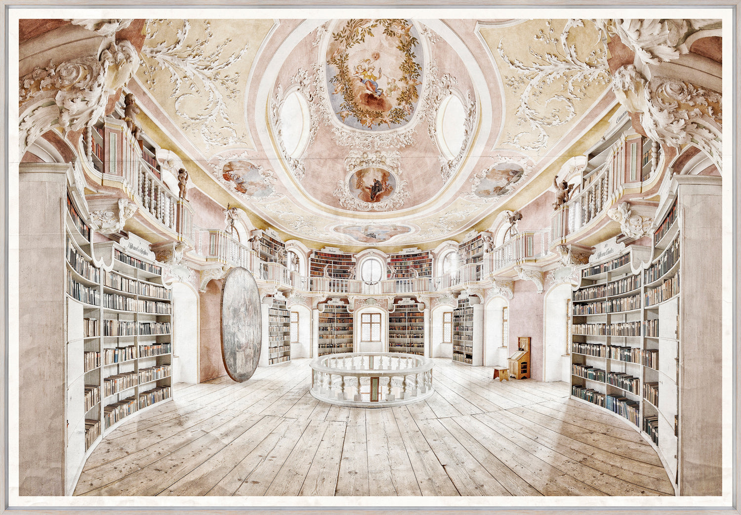 Abbey Saint Mang wall art depicting an ornate library interior with bookshelves and a painted ceiling.