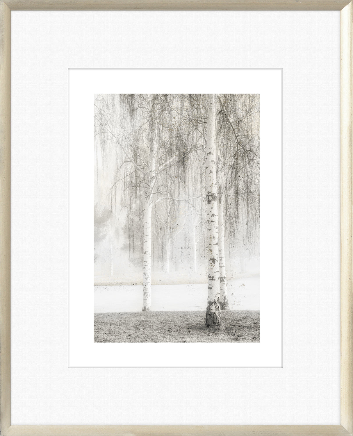 Taupe Aspect IX wall art featuring birch trees in a misty landscape, framed in a light wood frame.