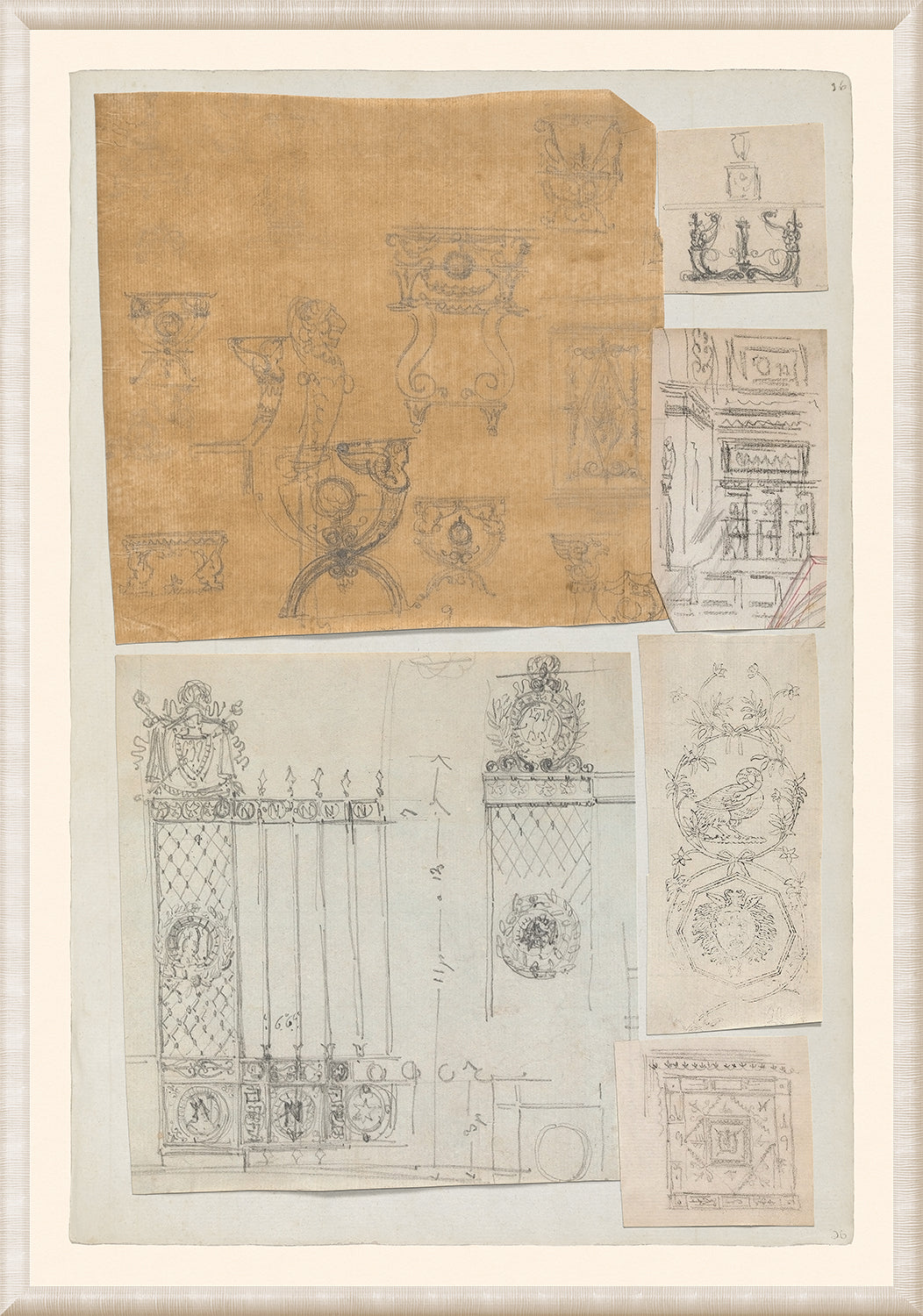 Pierre Fontaine Collection I wall art featuring sketches of decorative elements on textured paper