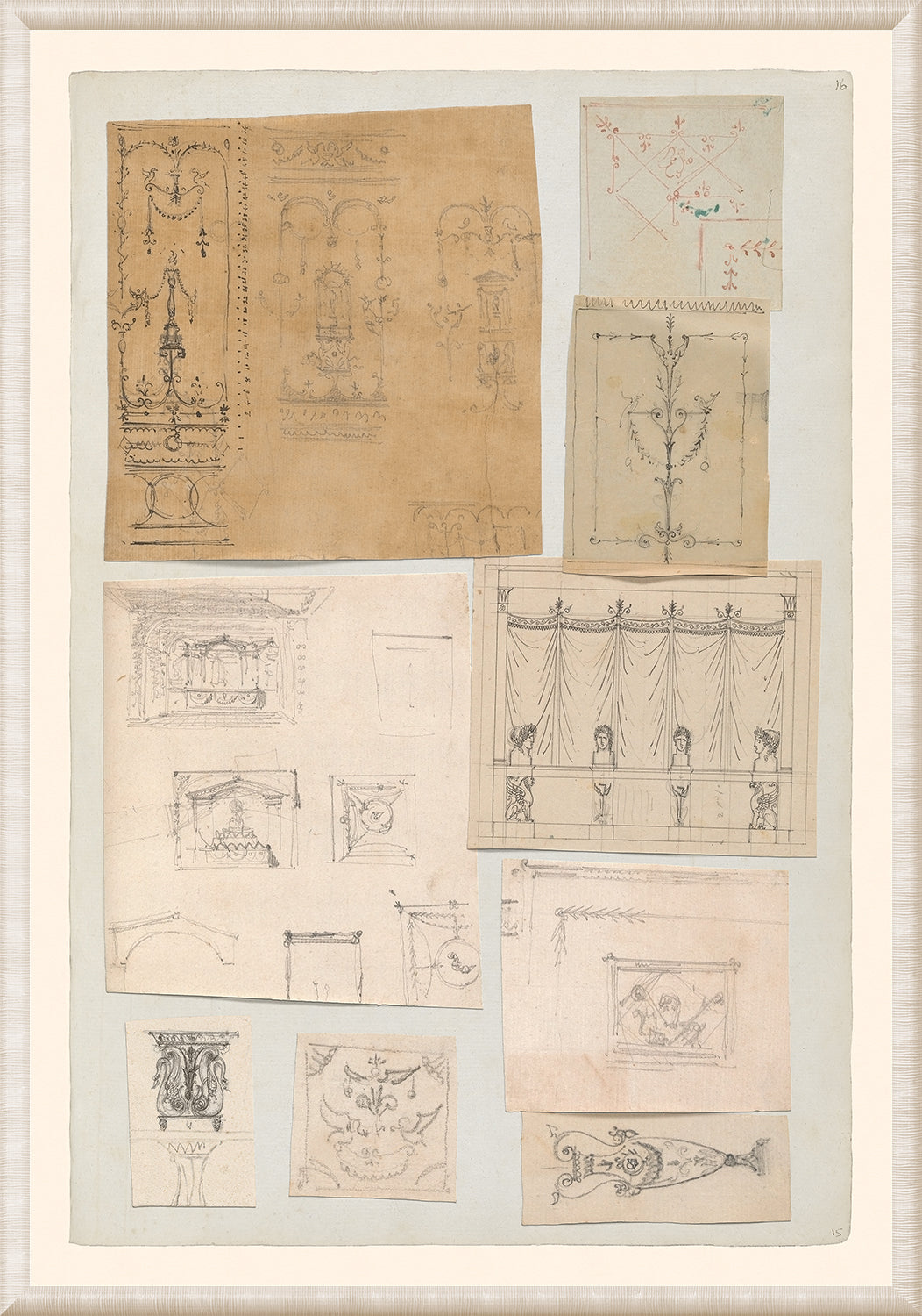 Pierre Fontaine Collection IV wall art featuring various architectural sketches on textured paper.