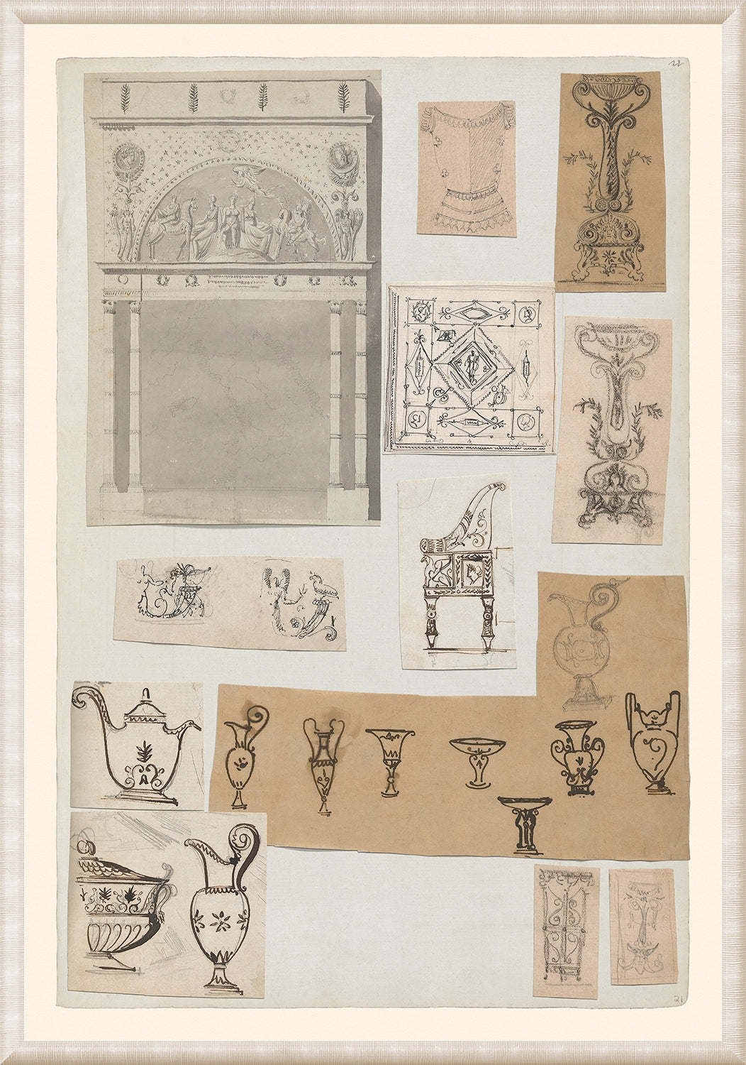 Pierre Fontaine Collection VI wall art featuring sketches of classical designs and decorative elements.