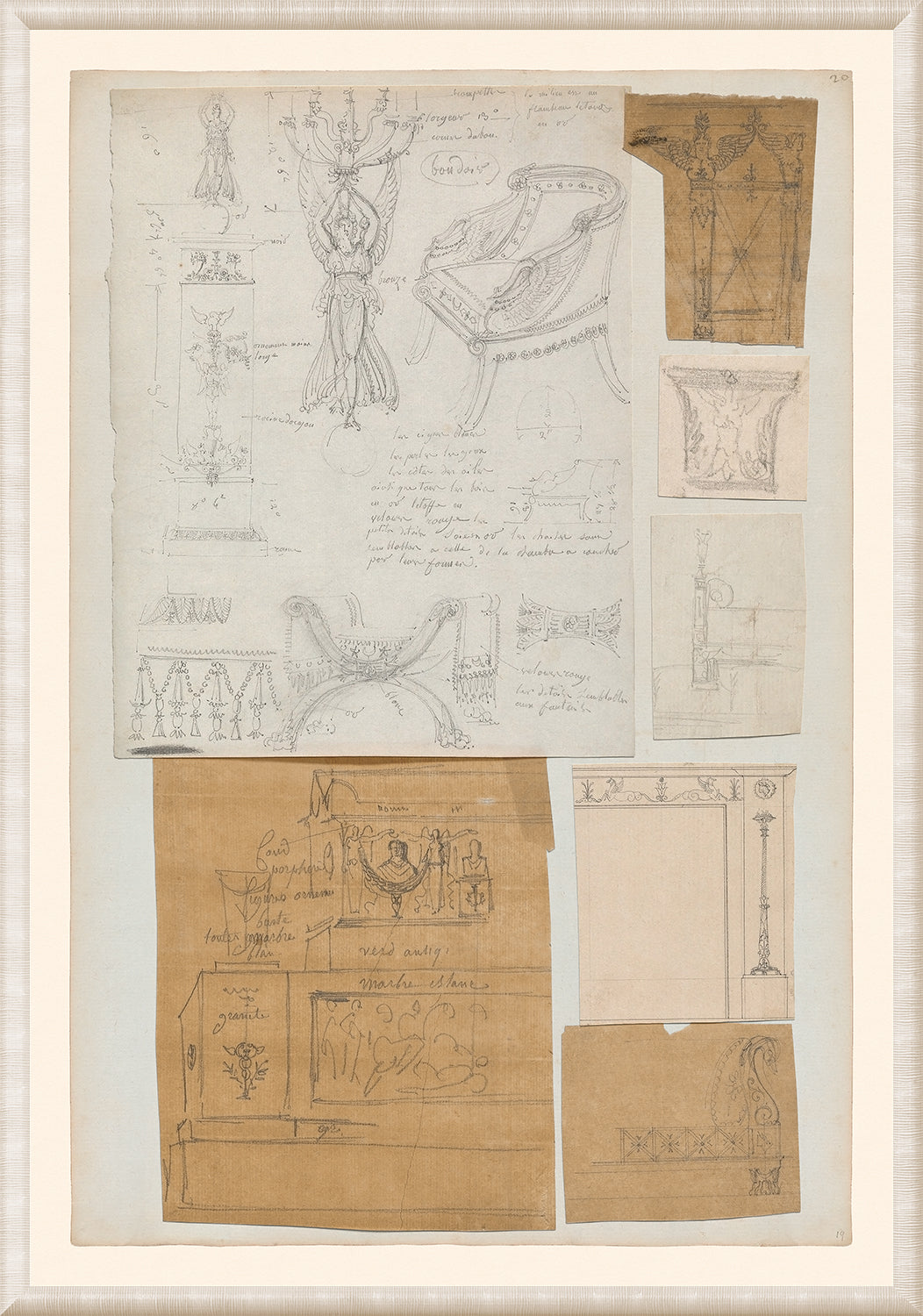 Pierre Fontaine Collection IX wall art featuring sketches and designs in pencil and ink on paper.