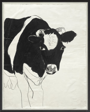 Cachet – Cow wall art featuring a black and white illustration of a cow's head.