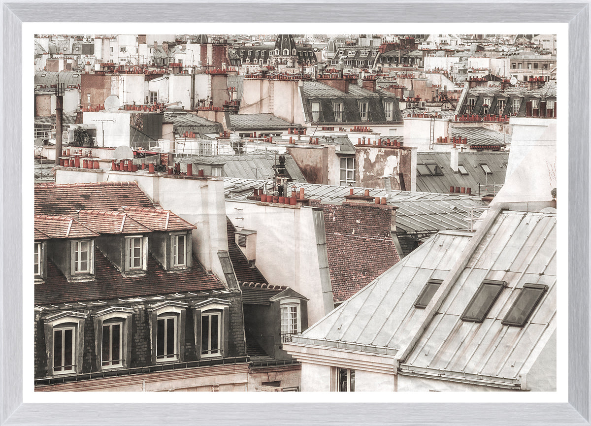 Terra Cotta Rooftops – Paris II wall art featuring Parisian rooftops with red chimneys and slate roofs.